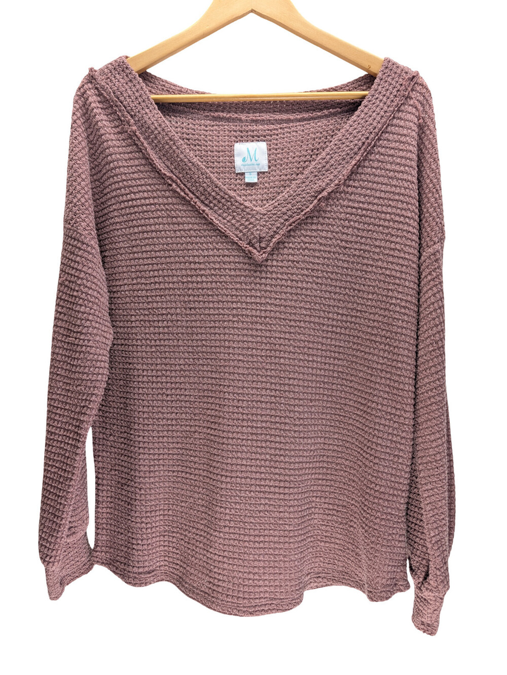 Mint Waffle Knit Hoodie Pullover Small V-Neck Hooded Mauve